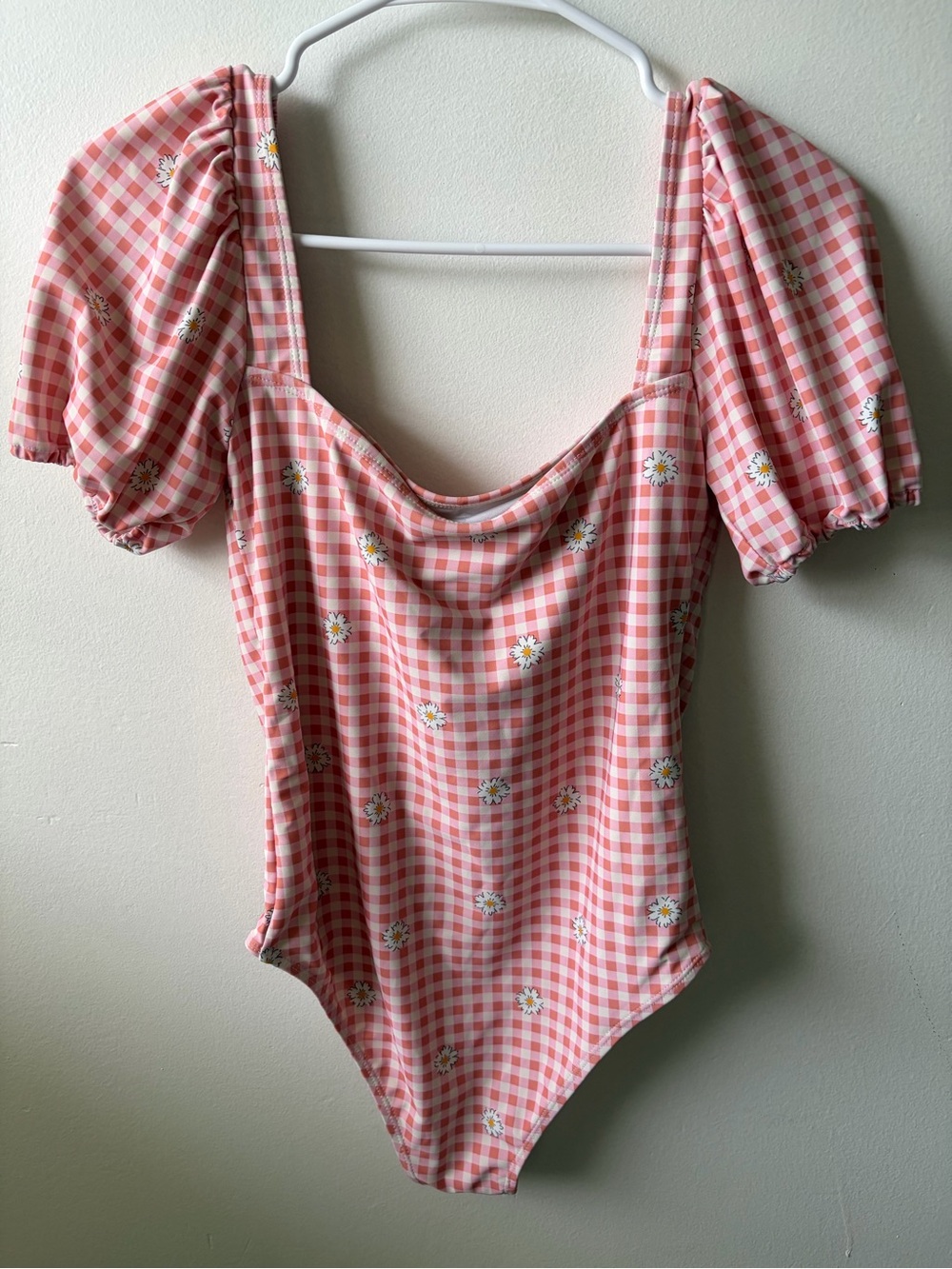 Pink Gingham Daisy Puff-Sleeve One-Piece Swimsuit - Picture 2 of 4